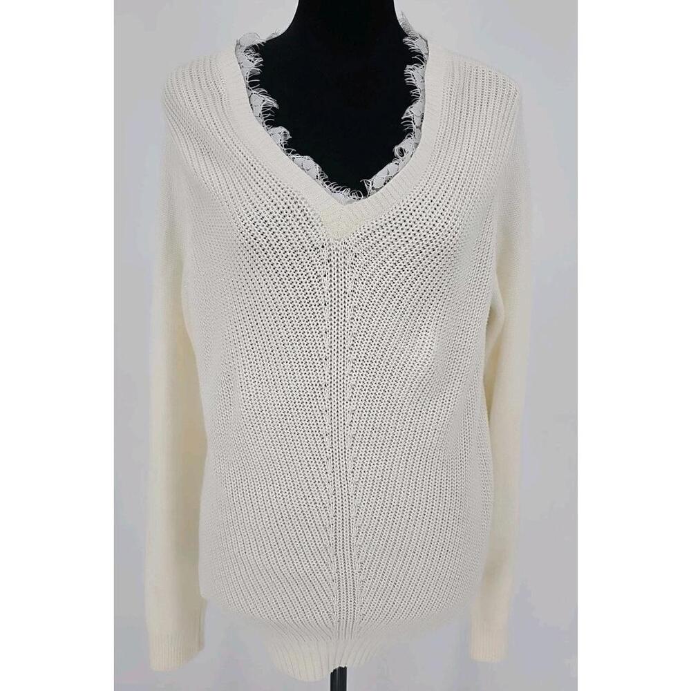 Magaschoni Women's Sweater XL Cream Cable Knit Lace Trim‎ V-Neck
